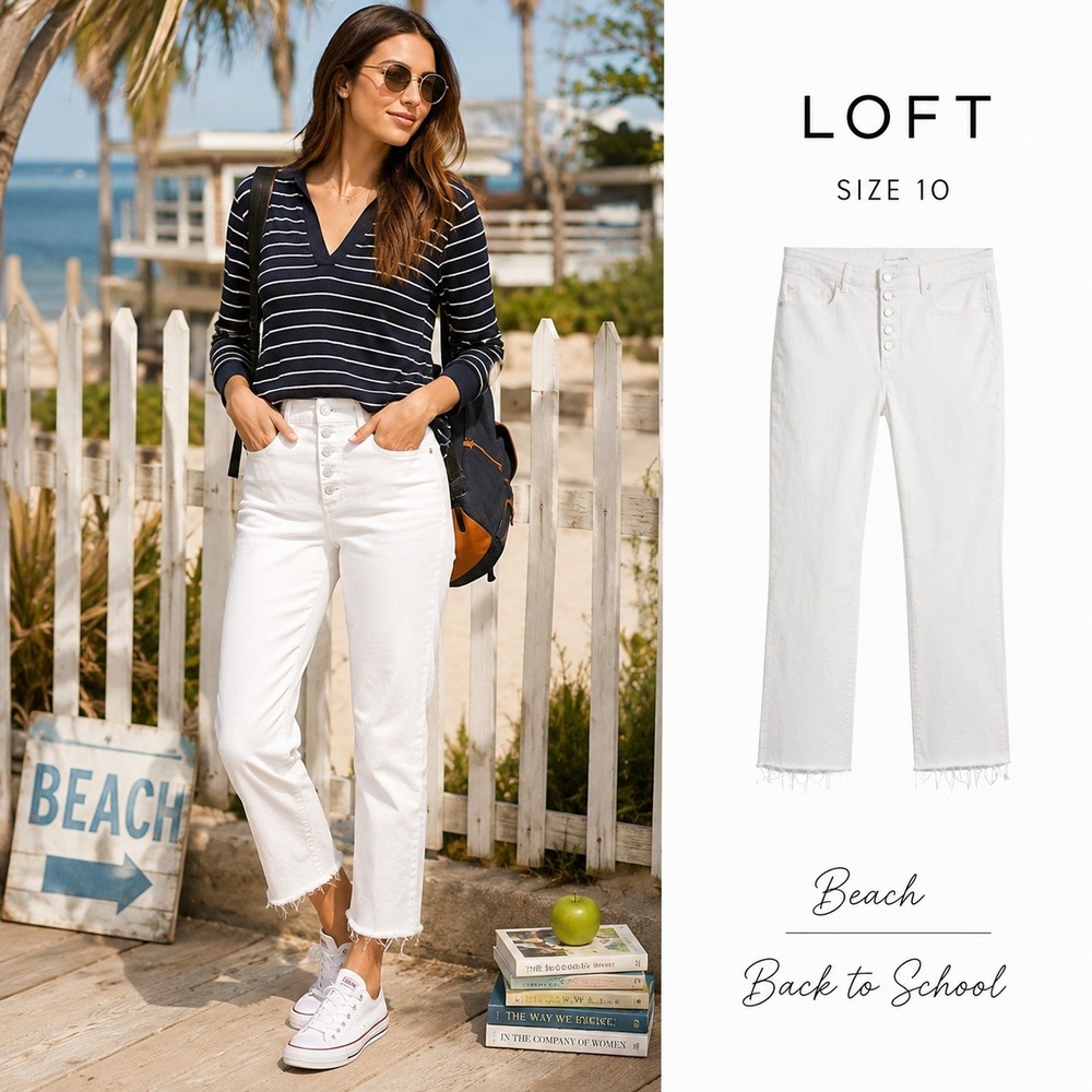 LOFT Curvy Kick Crop Jeans Women 10 White High Rise Button Fly Raw Hem Coastal